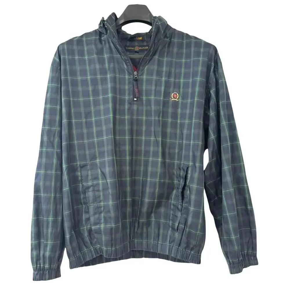 Tommy Hilfiger Golf 1/4 Zip Pullover Windbreaker Navy Plaid Jacket Hooded sz XXL